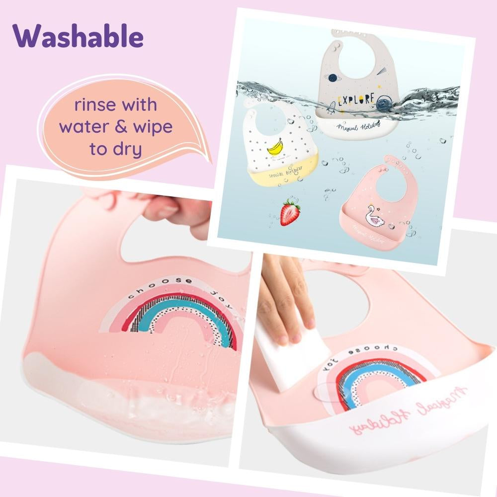 Silicone Bib for Baby Toddler 6mth to 4yo For Feeding Mealtime Eating Waterproof Adjustable Size Soft Flexible Washable