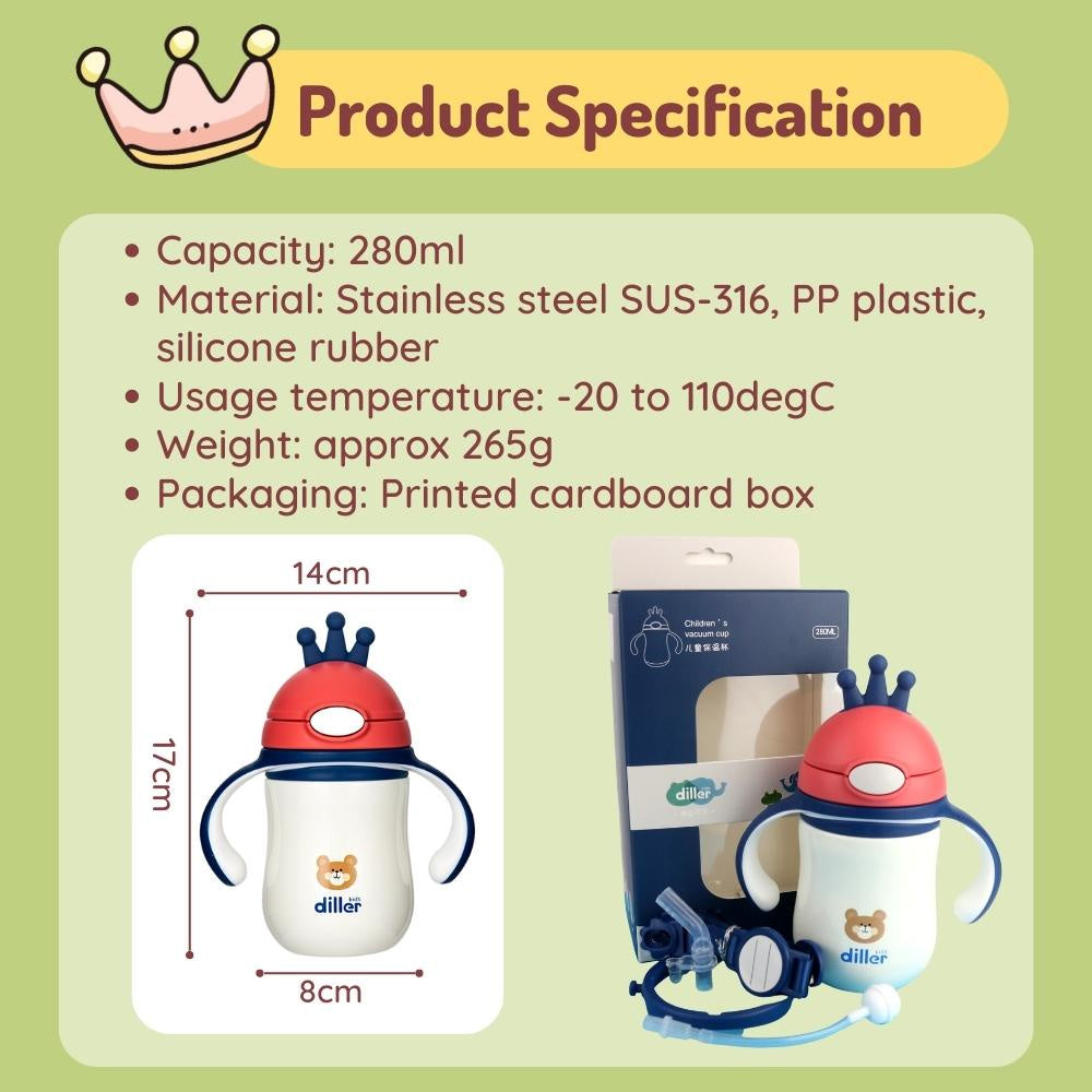 [Free Extra Straw] Crown Kids Stainless Steel Insulated Bottle  With Straw 280ml Thermal Vacuum Cup Diller