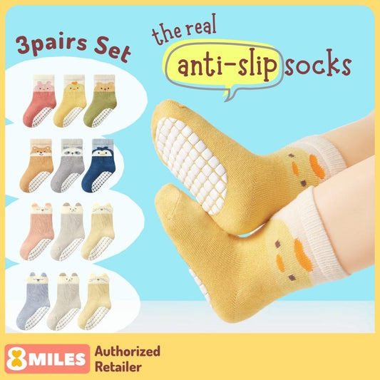 [3 Pairs Box Set] Baby Anti-slip Socks Cotton Rubber Soles Quarter Crew Socks Non-Slip Anti Skid Toddler