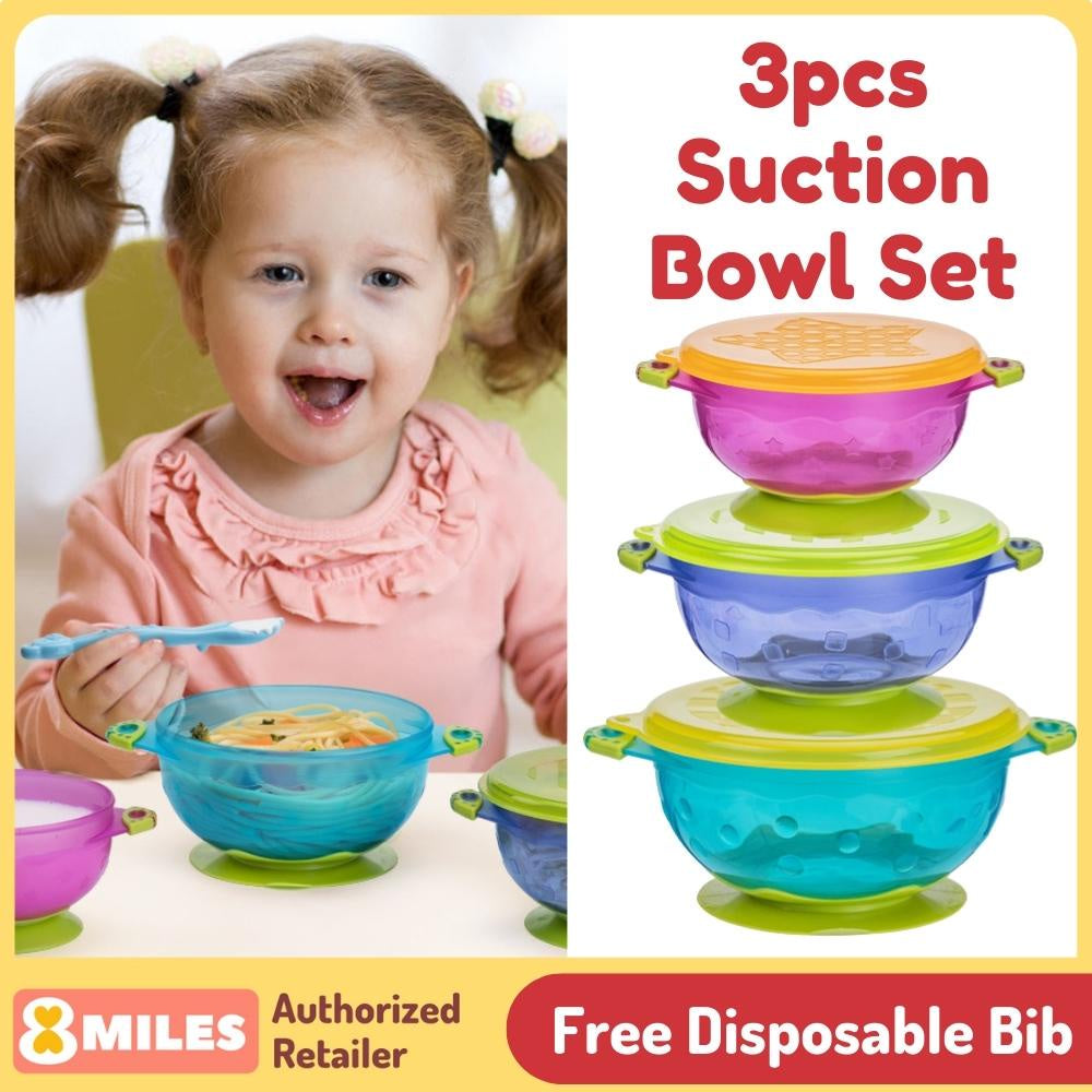 Hogokids 3pcs Suction Bowl Set With Lids Anti-slip Baby Toddler Kids Tableware Self Feeding Training Plastic BPA-Free
