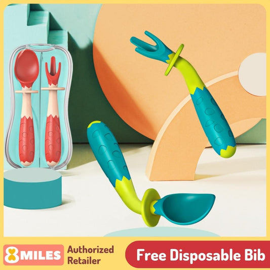 [Free Travel Case] Baby Toddler Bendable Flexible Spoon Fork Cutlery Utensil Self Feeding Training 3D BPA-Free