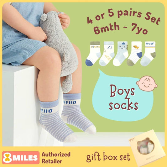 [4 or 5 pairs set] Baby Toddler Boys Socks 6mth to 7yo Cotton Breathable Thin Summer Quarter Crew Sports