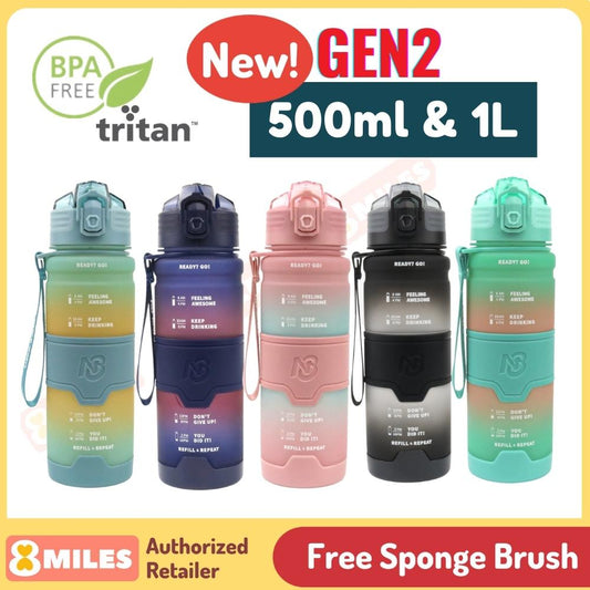 ✳️Free Sponge Brush✳️GEN2 Sports Water Bottle Upstyle 1L 500ml BPA-Free Tritan Plastic Bottle