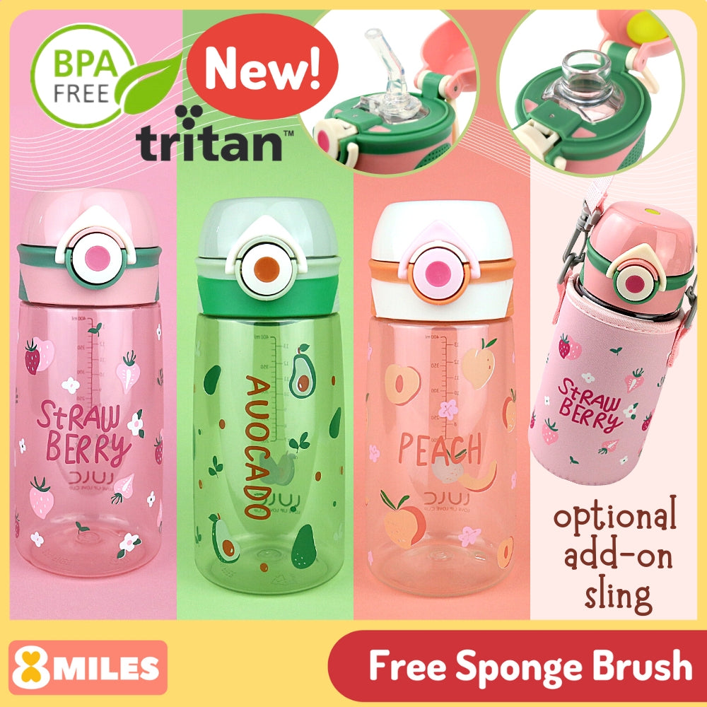 [Free Sponge Brush] Water Bottle Tritan 400ml Straw Direct Drink BPA-Free Upstyle Sports School Kids Children