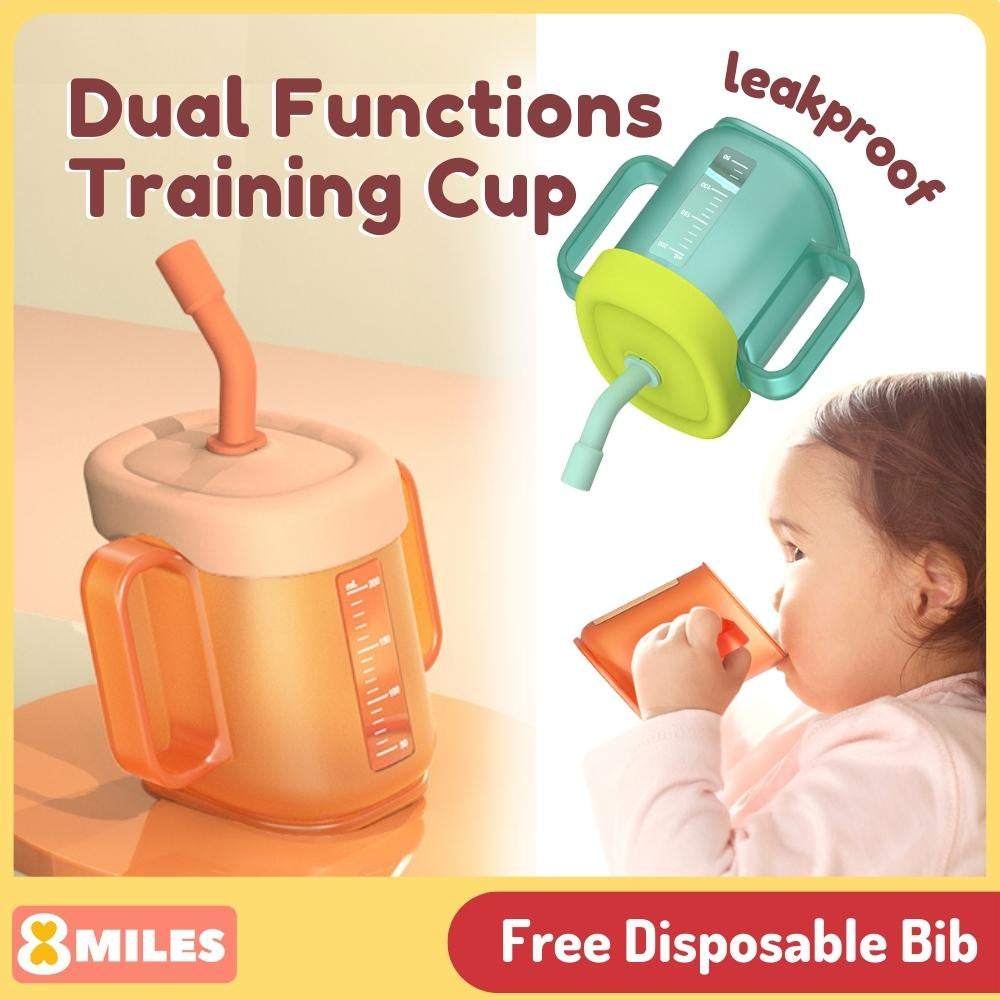Baby Toddler Training Cup Leakproof Straw Slanted Lid Ergonomic Drinking Brush Teeth Rinsing Mug
